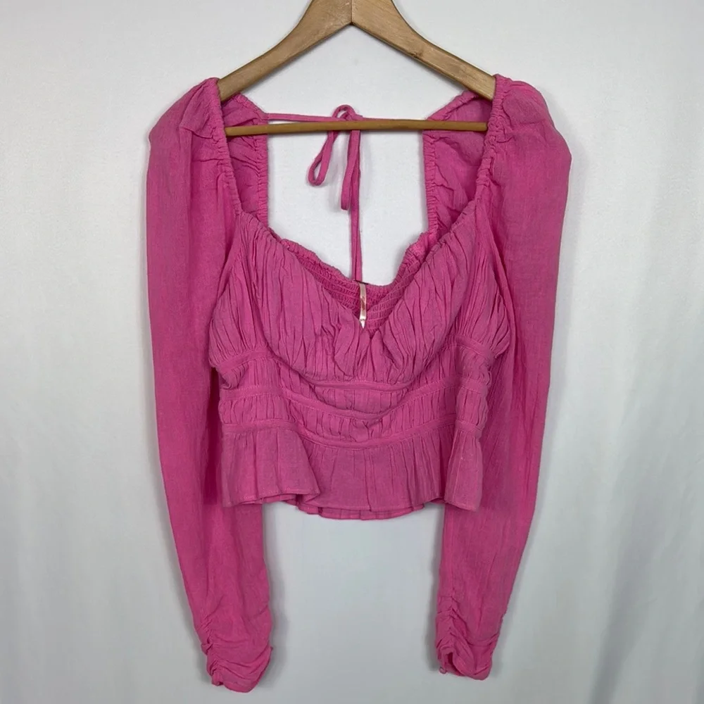Free People Women’s Top Chloe Aurora Pink Smoked‎ Tie Back Size M Long Sleeve